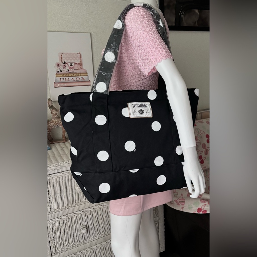 Victoria’s Secret PINK White Polka Dots on Black Canvas Tote Bag 21x15x7” NWOT